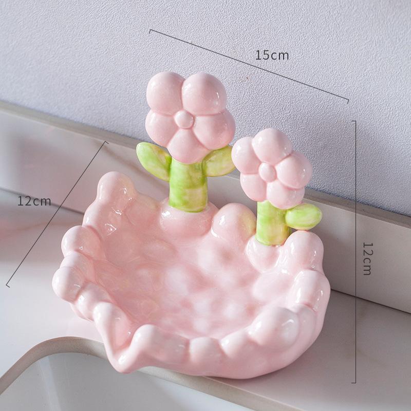 Tulip Ceramic Soap Dish with Drain Non-Slip Floral Soap Holder Creative Storage Rack for Bathroom Sink Decorative Home Accessory