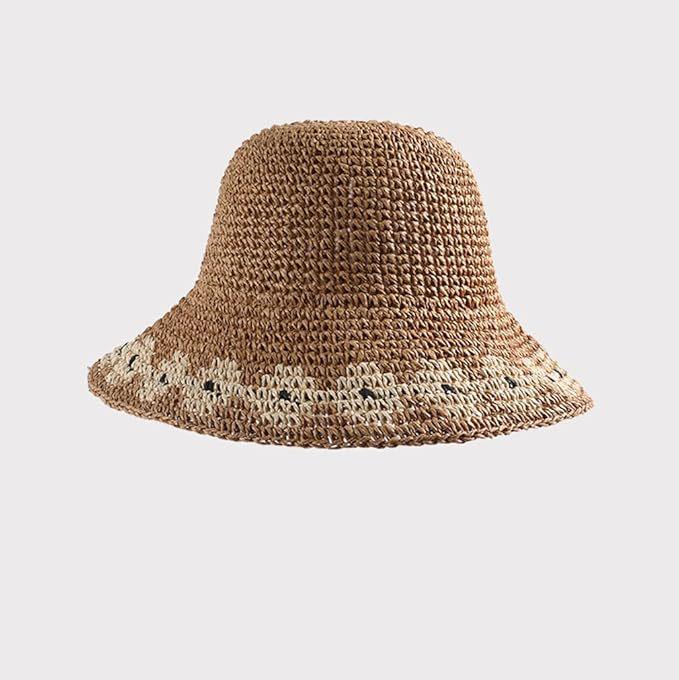 Cappello da sole a tesa larga da donna alla moda, intrecciato a mano in paglia, con visiera protettiva UV per vacanze all'aperto al mare