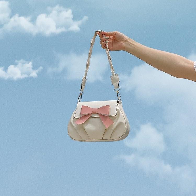 Retro Fashion Pleated Design Womens Small Bowknot Bag In Khaki Black And Cream