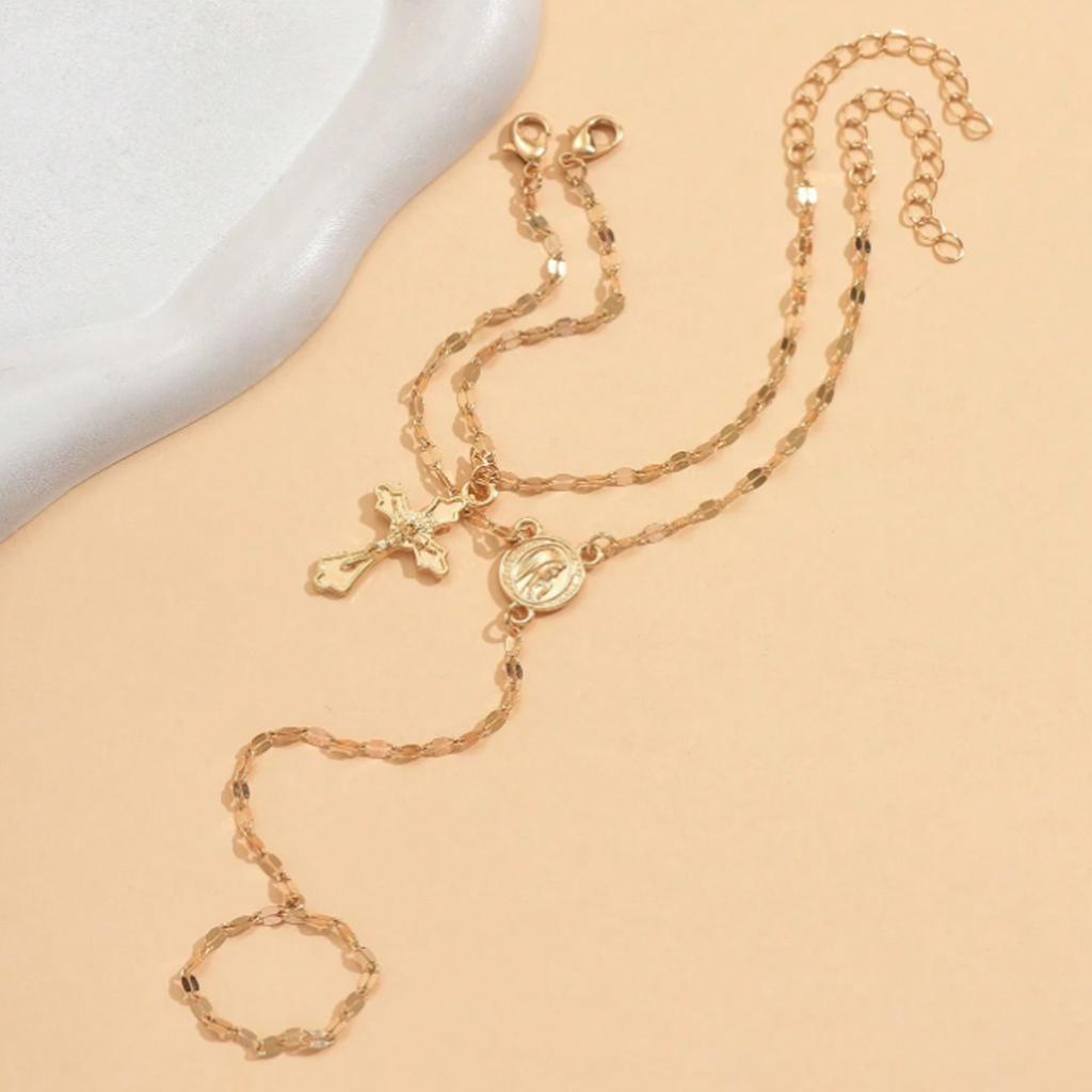 2Pcs/Set Cross Pendant Finger Bracelets For Women Vintage Gold Color Portrait Connecting Hand Harness Bangle Jewelry Accessories