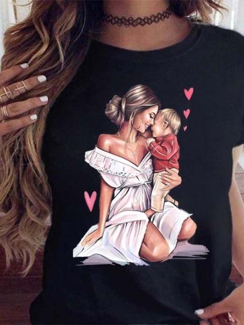 Women T Shirt Cartoon Mom Daughter Son Print Lady Tshirts Short Sleeve Tops Womens Kawaii Graphic Female Tshirt Clothe