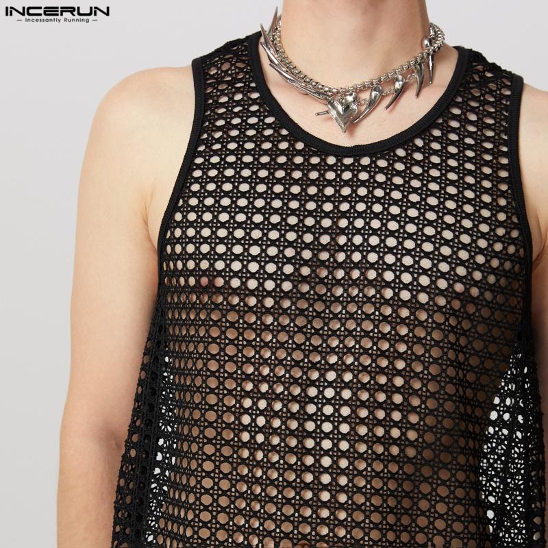 INCERUN Men Summer Hollow Sleeveless Vest Casual Loose Party Beach Net Yarn Tank Tops