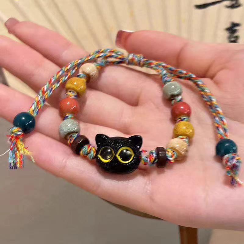 Bracelet Chat Cartoon Mignon Pour Femmes Filles Créatif Coloré Réglable Corde Tressée Bracelets Unique Chat Perlé Breloque Bracelets