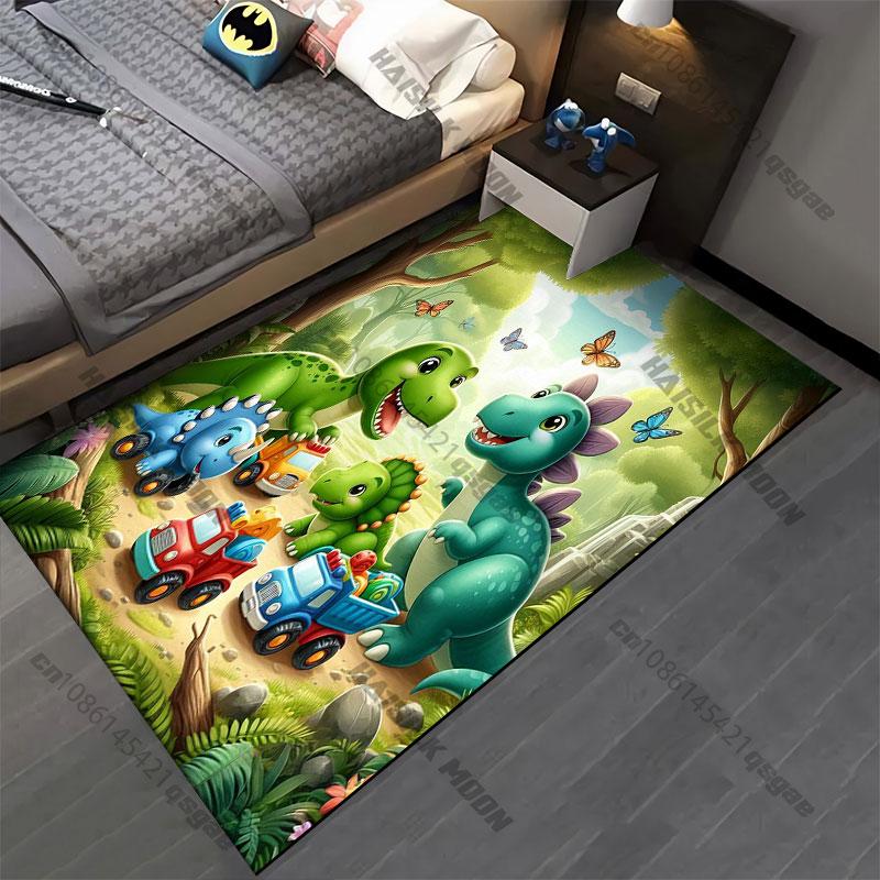 Dinosaurs Playing with Toy Trucks Carpet Yoga Living Room Room Decor Children's Crawling Mat Doormat Area Rug Games Mat