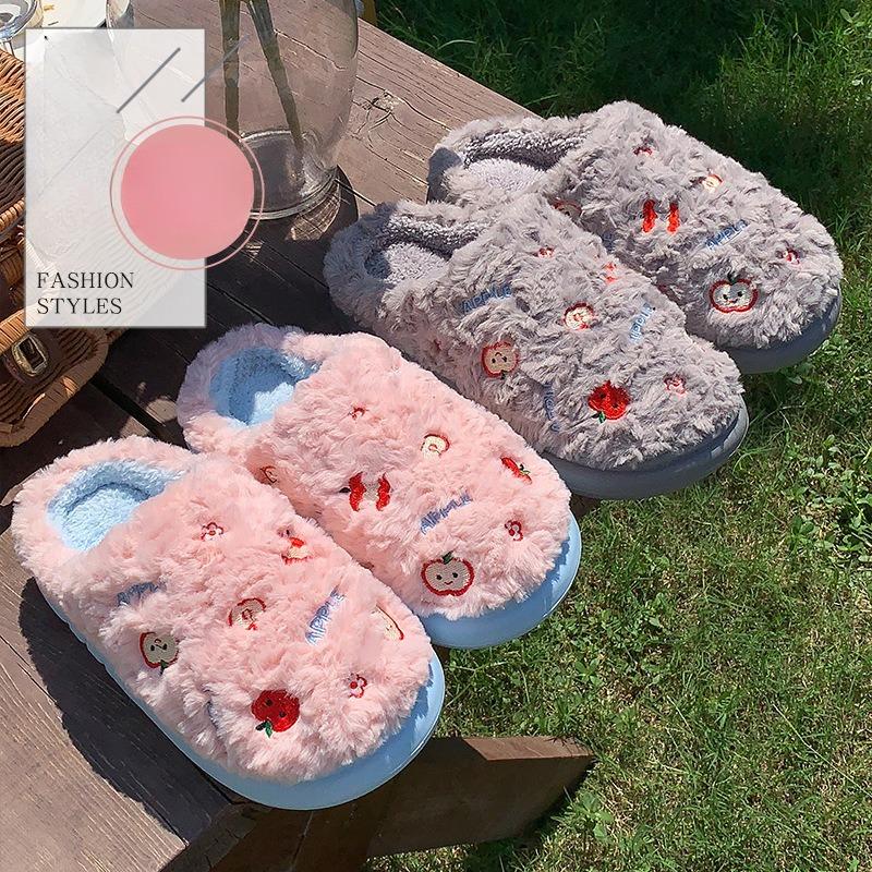 Women's Thick-soled Plush Slippers, Warm and Anti-slip Indoor Cotton Shoes