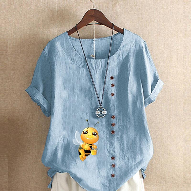 Damenmode T-Shirt mit Honigbienen-Print, Rundhalsausschnitt, kurzärmelig, lässig, Baumwolle, Leinen, Grafik, Freizeit, lockere Sommerbluse