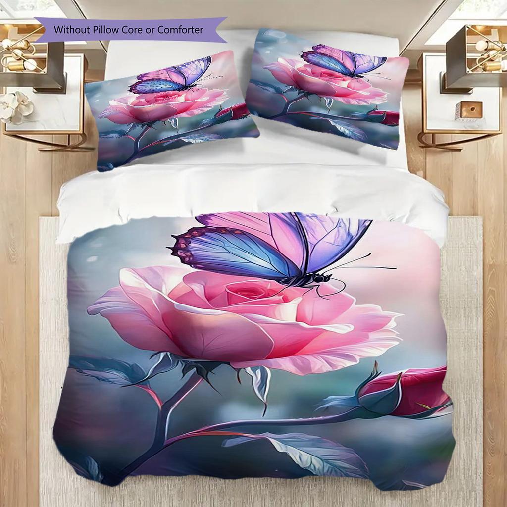 1PC Mariposas, flores Juego de Ropa de Cama Colcha Funda de Colcha Funda de Almohada Decoración del Hogar Regalo de Cumpleaños (1 * funda de edredón + 15 * funda de almohada, sin relleno)