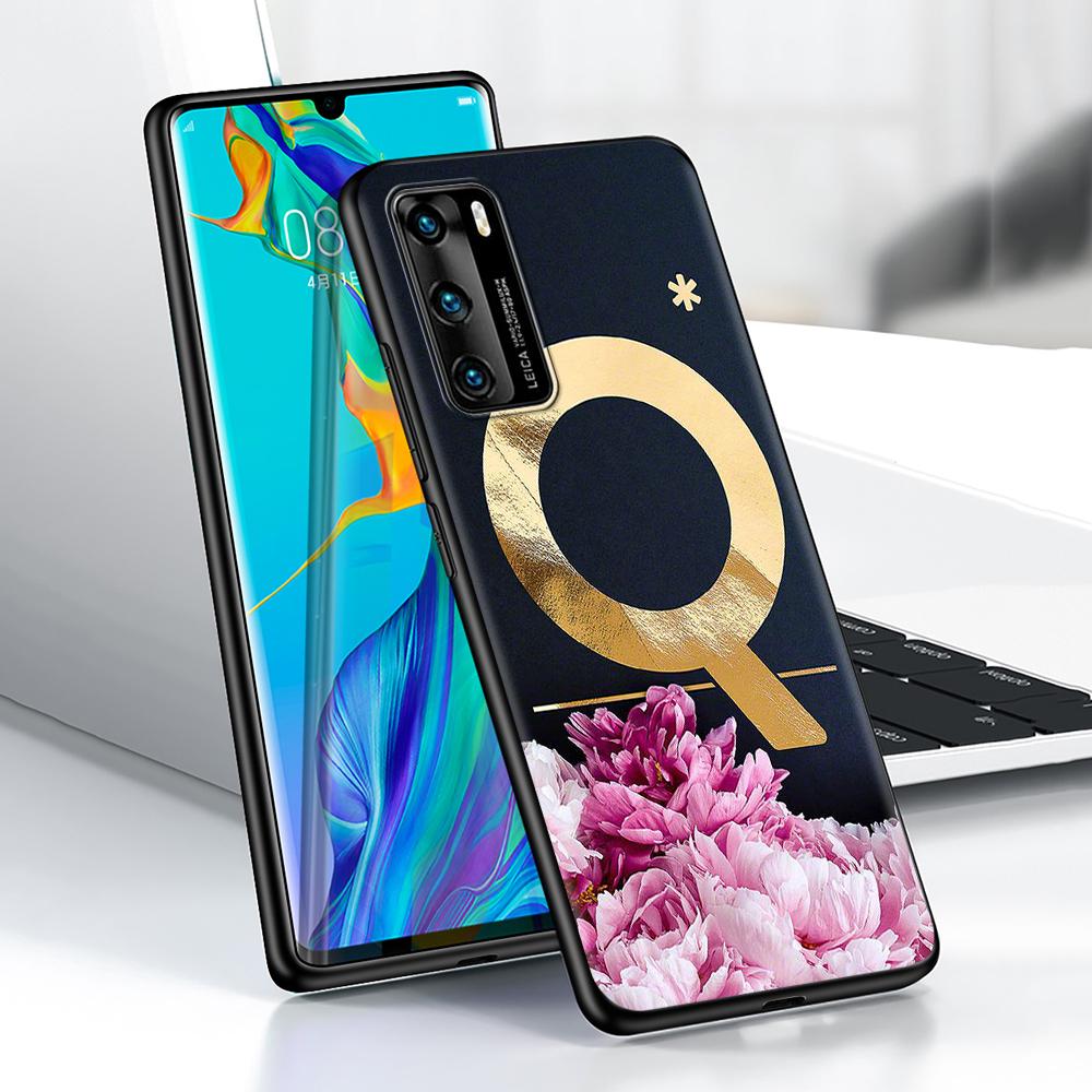 Golden Letter Flower Case for Huawei P30 P Smart Z P40 Lite E P20 Y6 Y7 Y9 2019 Honor 8X Play 9A 50 20 9X Pro Black Soft Cover