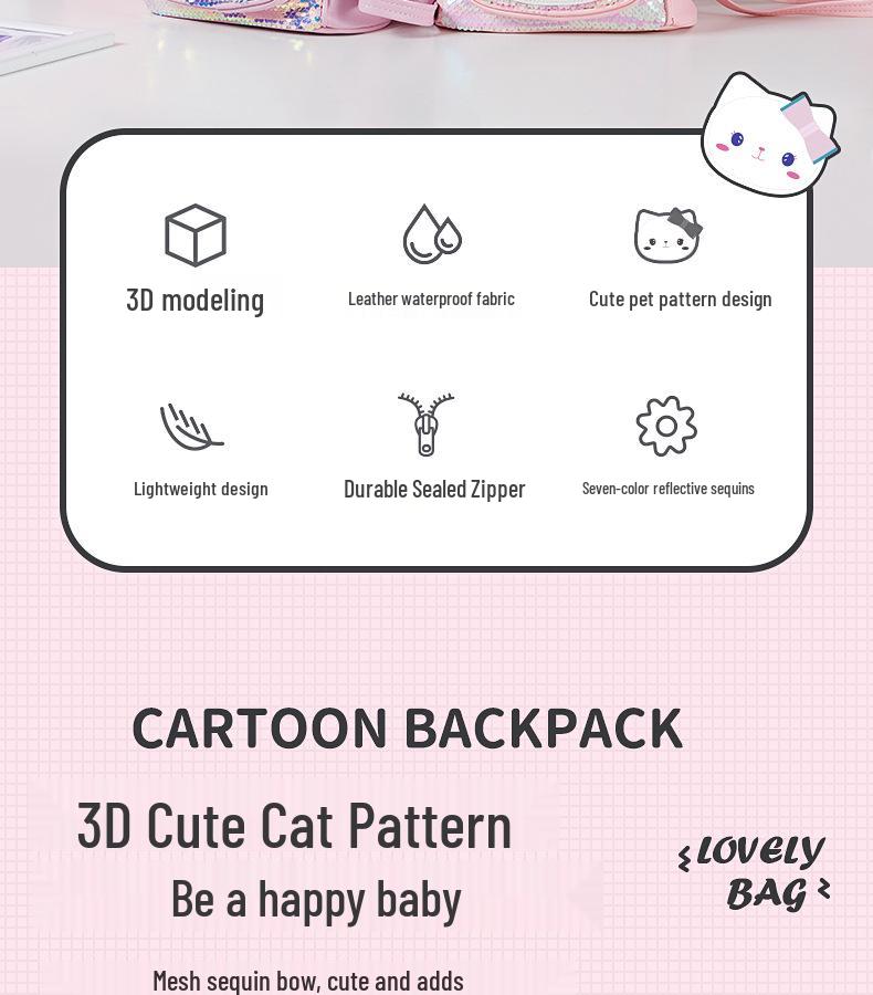 Girls' Cute Cartoon Kitten Sequin Backpack - Perfect for Travel and Outings