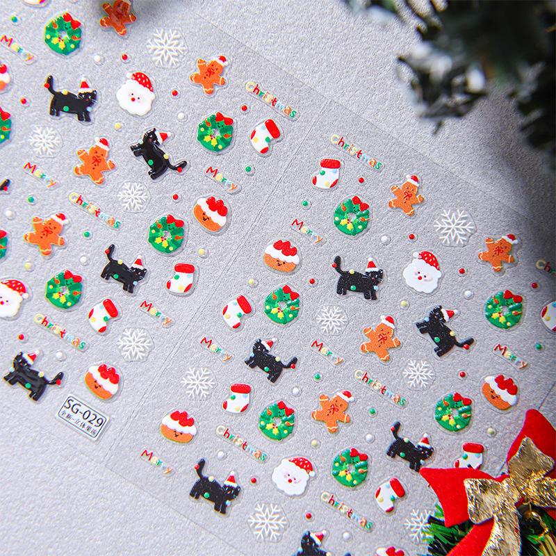 Christmas 3D Nail Art Stickers - Black Cat, Gingerbread Man, Snowflake Ornaments