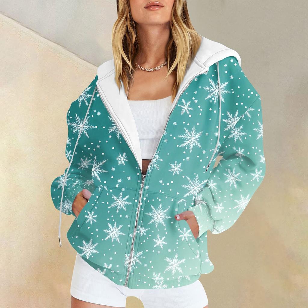 Damenmode Casual Weihnachtsdruck Sweatshirt Herbst Winter Langarm Cardigan Jacke Mit Tasche Reißverschluss Hoodie Jacke