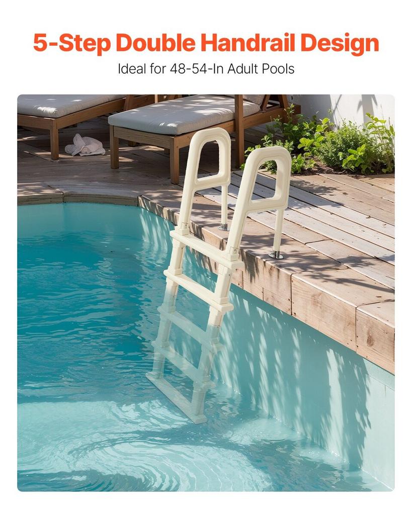 5-Step Inclined Pool Ladder of 2 Handrails Loads 300 Lb for 48-54 In Pool