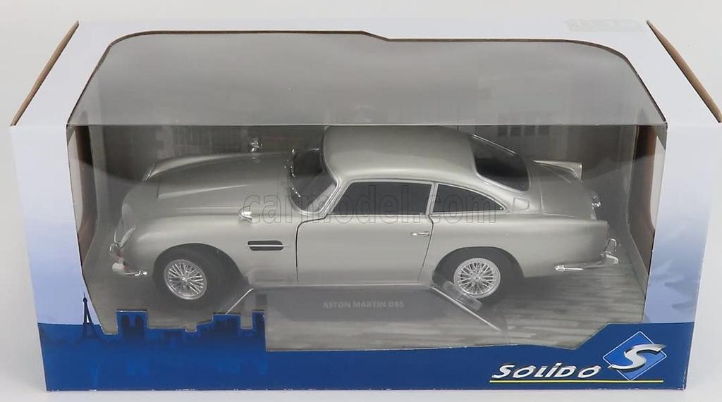 Solido Aston Martin DB5 scale diecast model 1964 James Bond car from the 007 1/18 car, (Silver Birch), movie