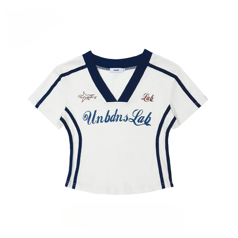 

Y2K повседневный короткий пуловер в стиле BM, футболка с v-образным вырезом и буквенным принтом, обнаженный пупок, облегающая футболка, топ L белый