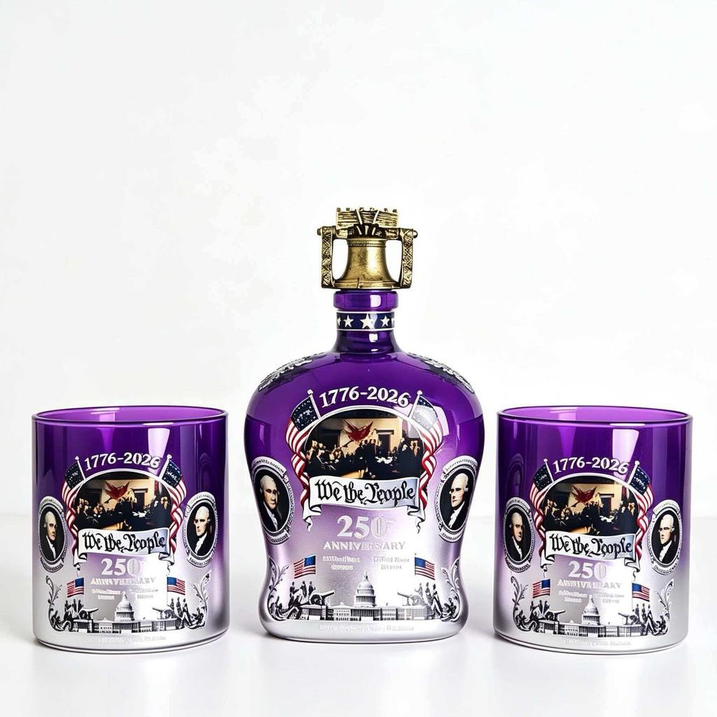 250th Anniversary Whiskey Bottle Commemorative Glass Colored Square Bottle Decanter Barware Bell Cap Set with Cup