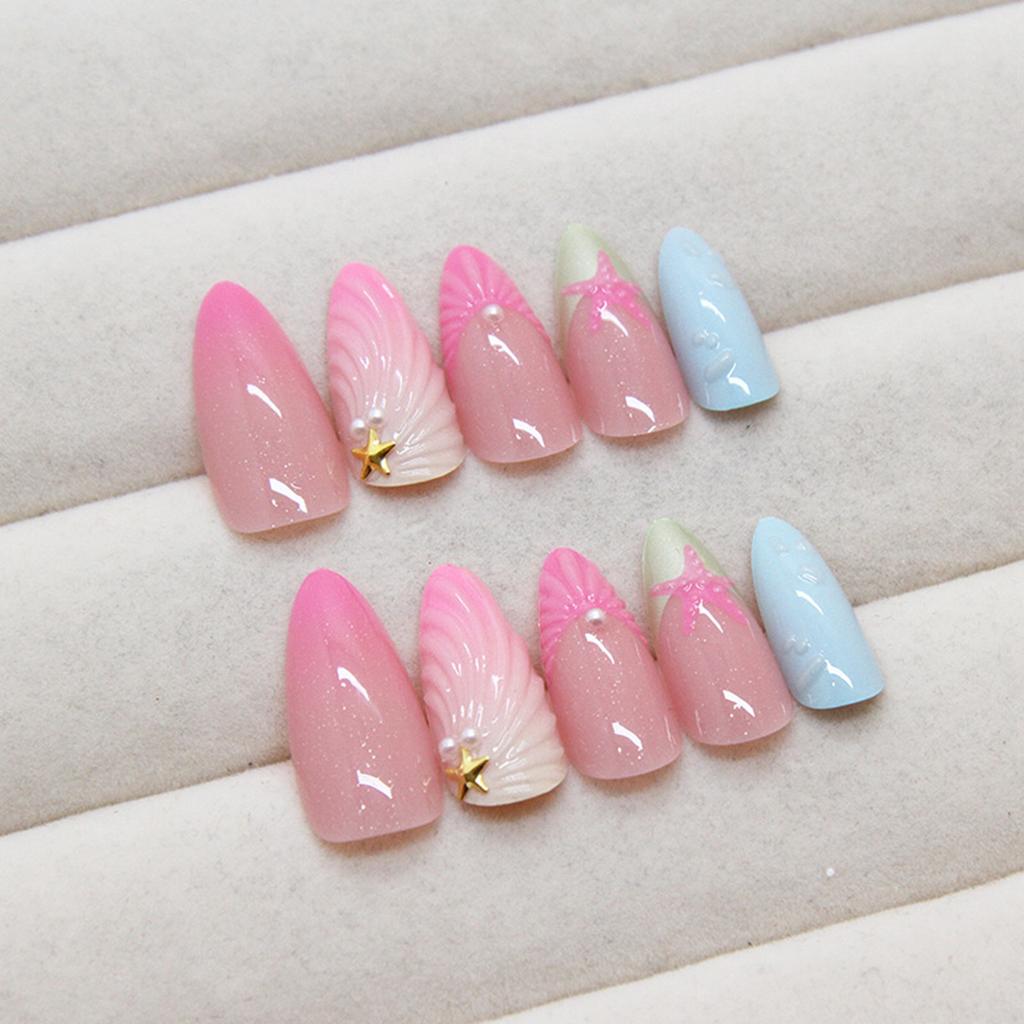 Almond Shape Short Press on Nails With Sea Star Pattern Short Sweet Stick on Nails for Stage Performance Wear