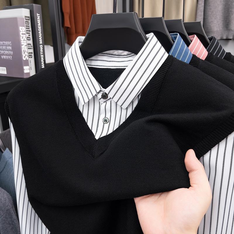 Men's Two-Piece Look Sweater with Striped Shirt Collar – Spring/Autumn Knit Wool Top & Vest