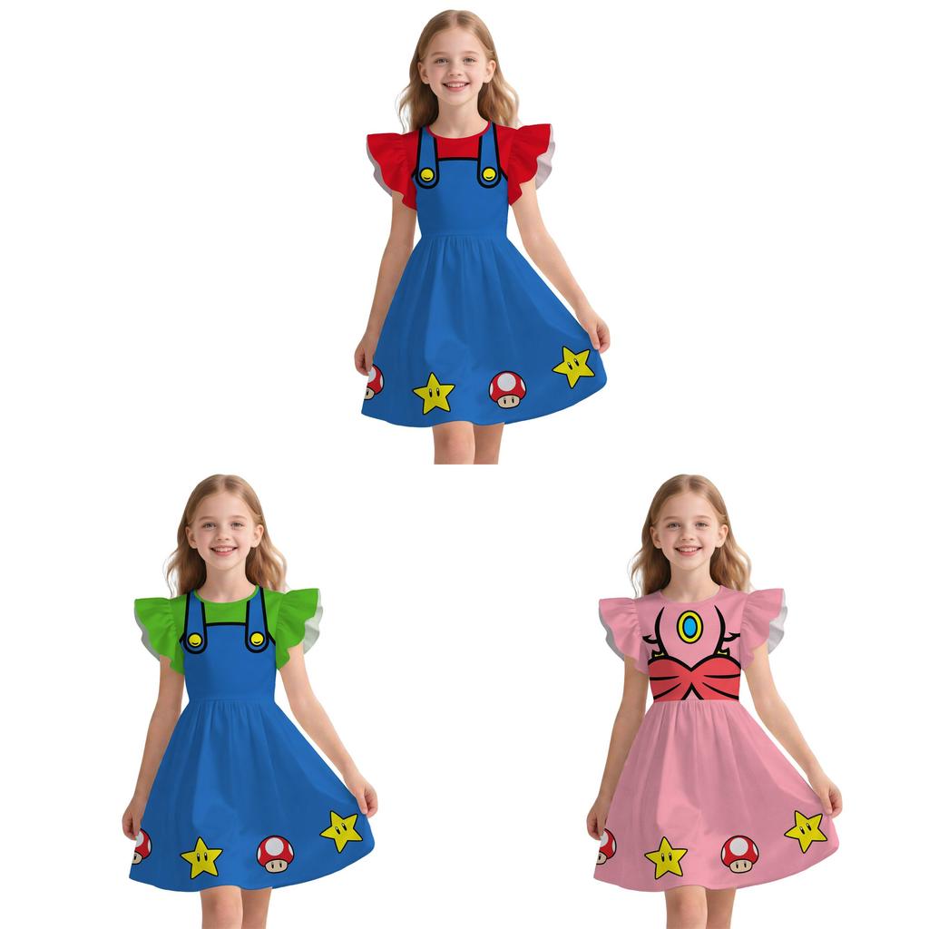 Carino Pigiamino da Bambina Super Mario con Manica Svasata Stile Principessa per Età da 3 a 8 Anni
