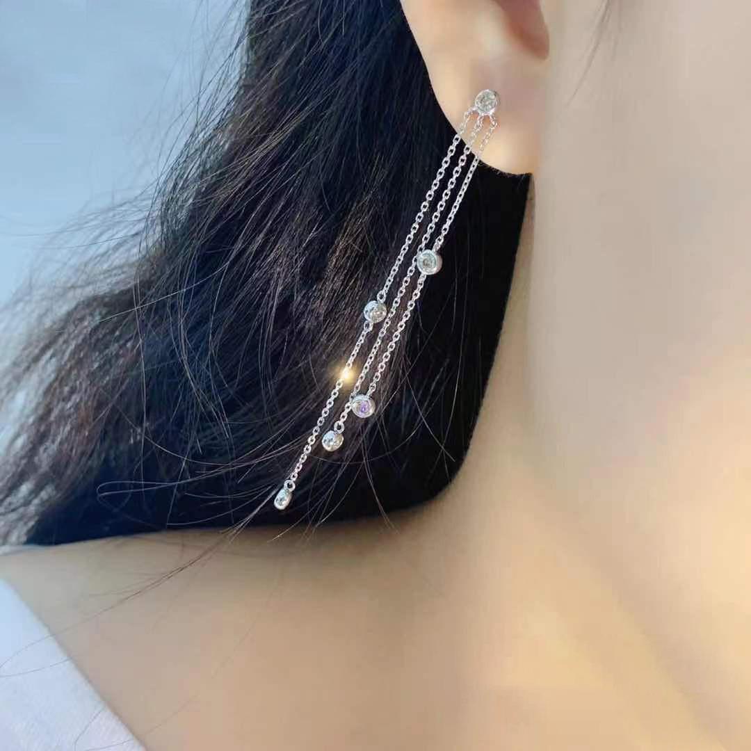 Fashion and simple temperament Long fringed stud earrings Women s Super Fairy earrings Versatile fringed round diamond earrings