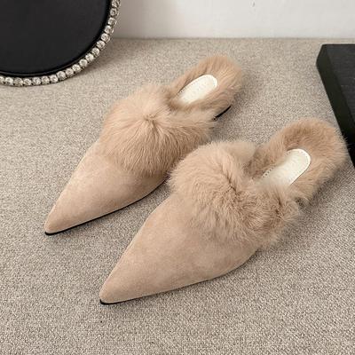 Fashion Women's Fashion Baotou Slippers Winter New Pointed Head Deep Mouth Suede Anti-slip Wear-resistant Flat Shoes