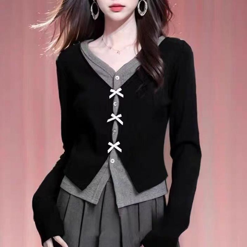 

Осенне-зимняя приталенная короткая блузка-обманка из двух частей, модная женская футболка с длинным рукавом и V-образным вырезом, подходит ко всему 2647# One Size