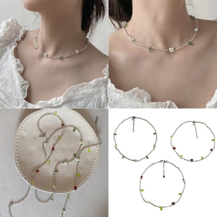 Colorful Beaded Necklace with Springtime Floral and Cherry Adjustable Neckchain Fashion Accessory for Everyday Wear