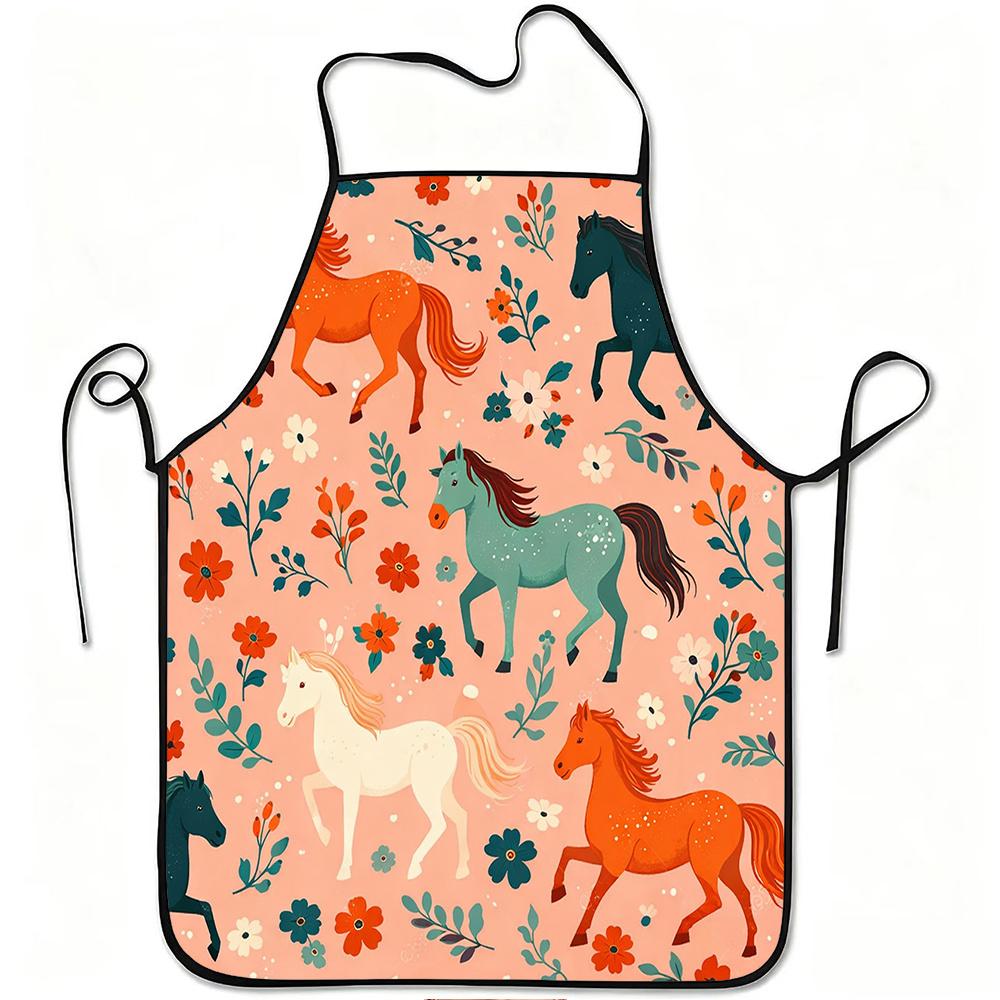 One Colorful Apron Featuring a Horse And Floral Design, Made from Durable And Easy-To-Clean Polyester, with an Adjustable Waistband, Suitable for Cook