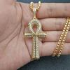 Gold Silver Color Micro Cubic Zirconia Anka Egyptian T Shaped Cross Pendant Fashion Iced Out Bling Key of Life Necklace Jewelry