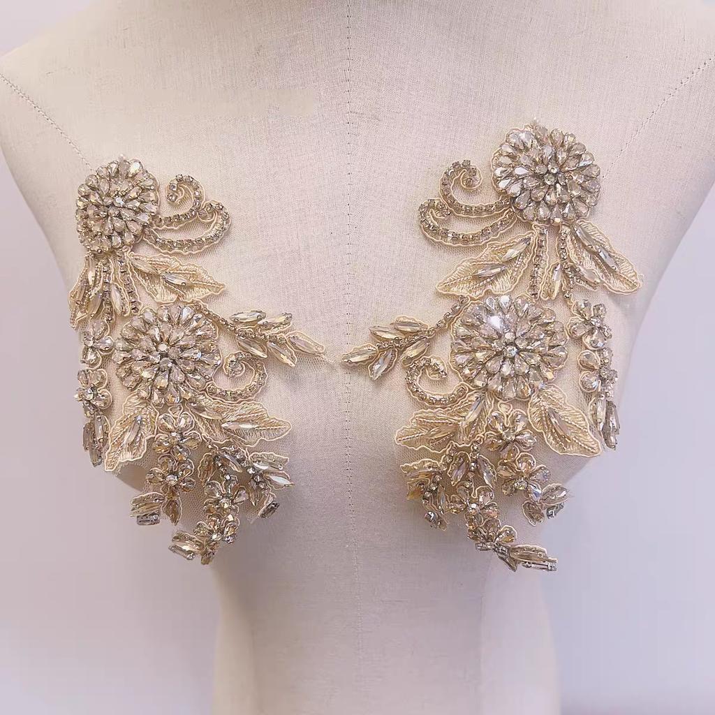 Custom 3D Eco-Friendly Flatback Hot Fix Rhinestone Appliques for Wedding Suits Costumes-Gold Beaded Trim Luxury Fabric