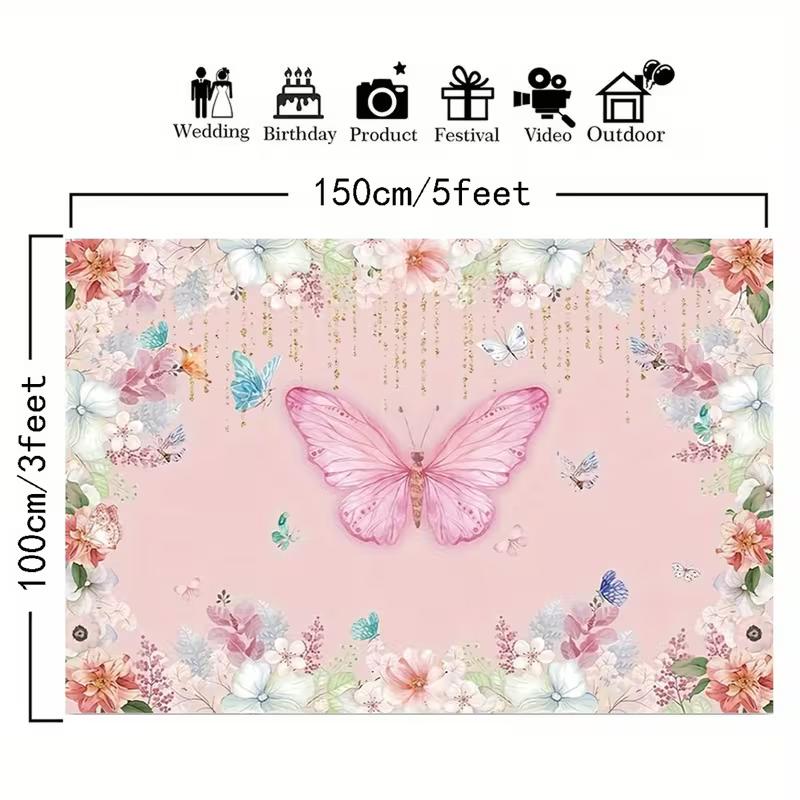 2D Flat Printing Party Backdrop Whimsical Pink Butterfly Scene with Floral Border