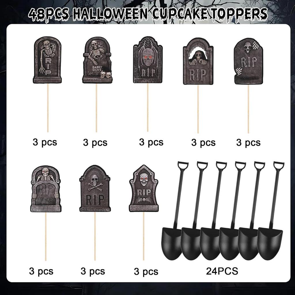 48Pcs Halloween Cake Toppers Tombstone Decorations Set for Halloween Party Spooky Cupcake Cookies Decorations