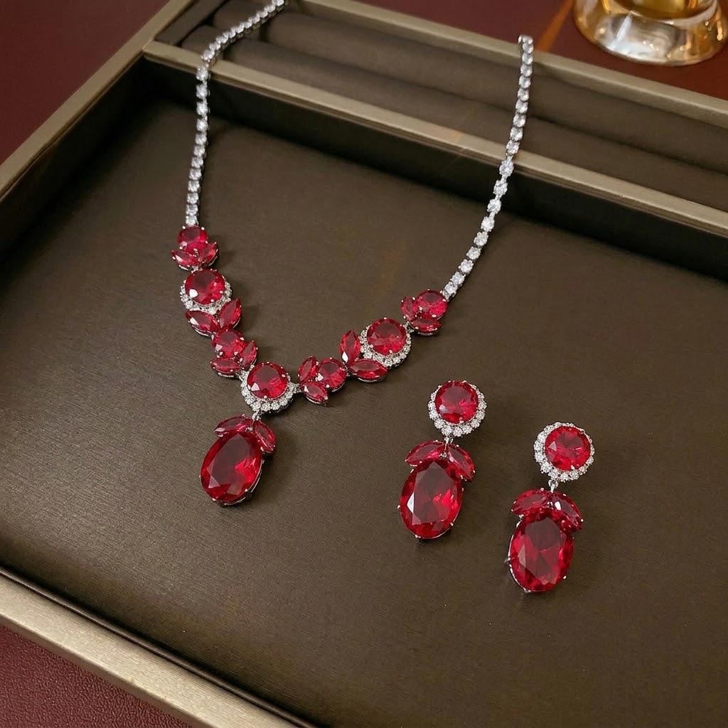 European Style Red Zircon Necklace & Earrings Set - Water Drop Design