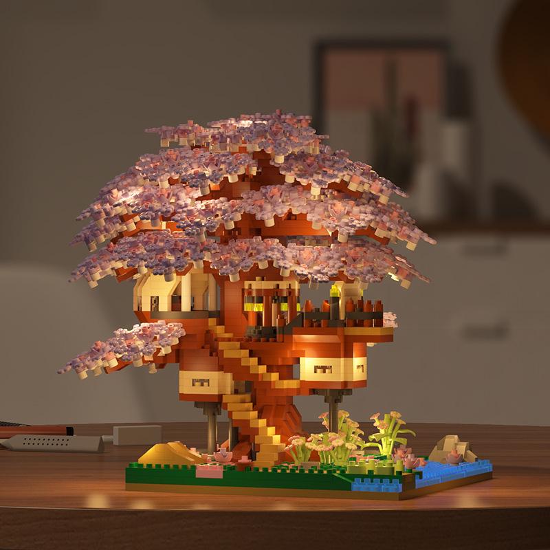 Cherry Blossom Treehouse Light-Up Building Blocks - Compatible with Lego, Flower Children's Toy, Girls' Handmade Ornament, Valentine's Day Gift.