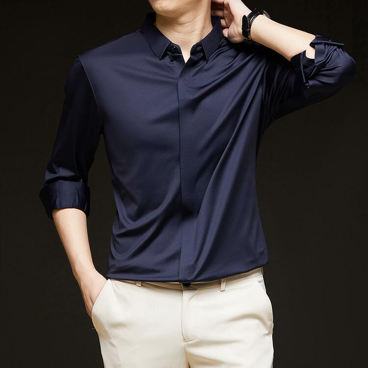 Men’s High-End Hidden Placket Long Sleeve Ice Silk Dress Shirt