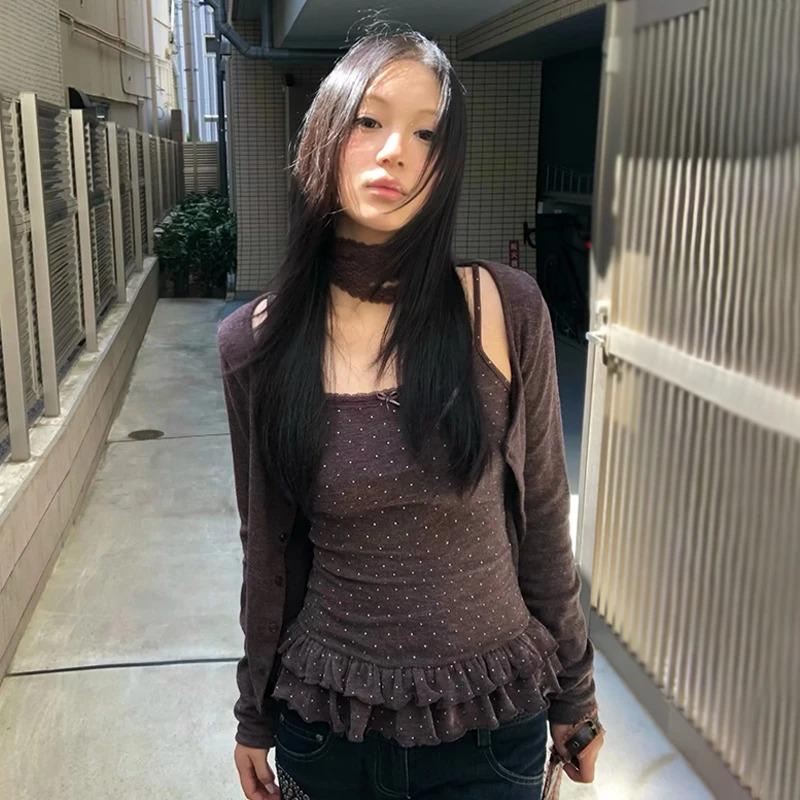 Japanisches Y2k Gestricktes Vintage Harajuku Knopf Strick T-Shirt Sets Koreanischer Stil Strickwaren Amerikanisch