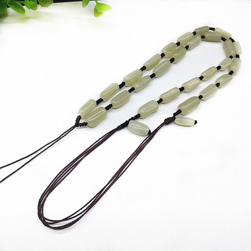 Hetian Jade Barrel Bead Pendant Necklace with Hand-Woven Lanyard