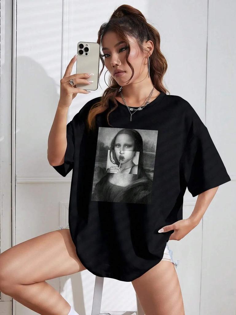 Mona Lisa Drinking Beverages Tricou pentru femei Tricou casual respirabil de vară Topuri moale largi Hip Hop haine de modă supradimensionate