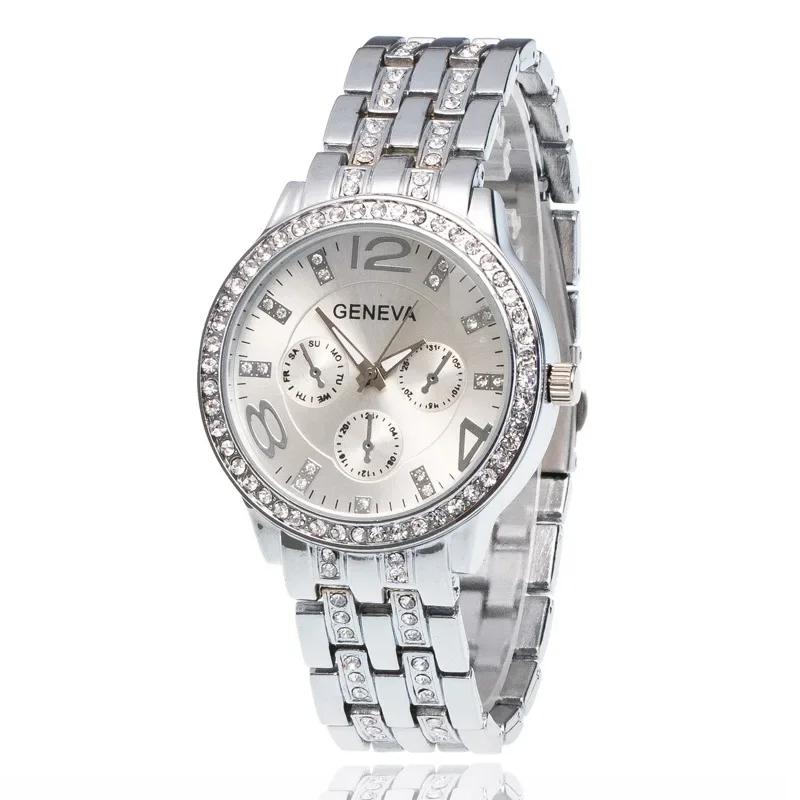 Luxury Geneva Brand Women Gold Stainless Steel Quartz Watch Crystal Casual Wrist Watches Rhinestone Relogio Feminino Reloj Mujer