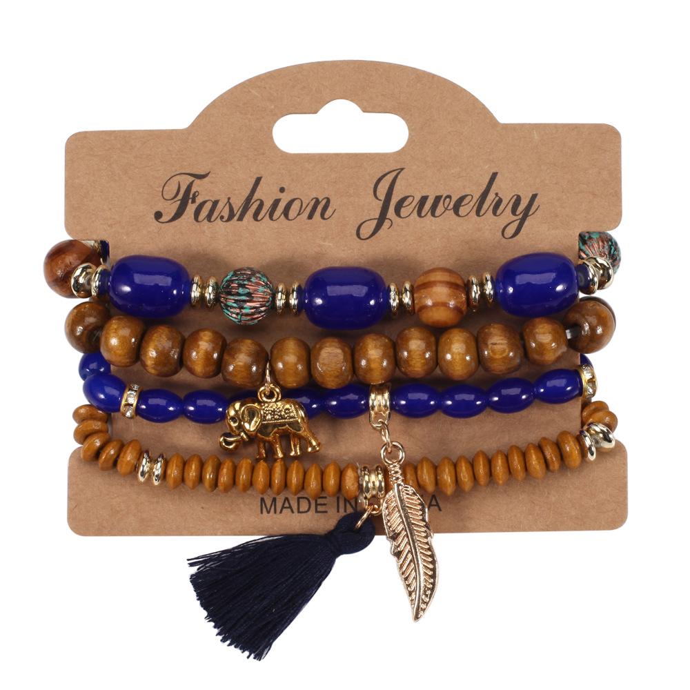 Bohemian Elephant Leaf Tassel Pendant Bracelet with Wooden Beads