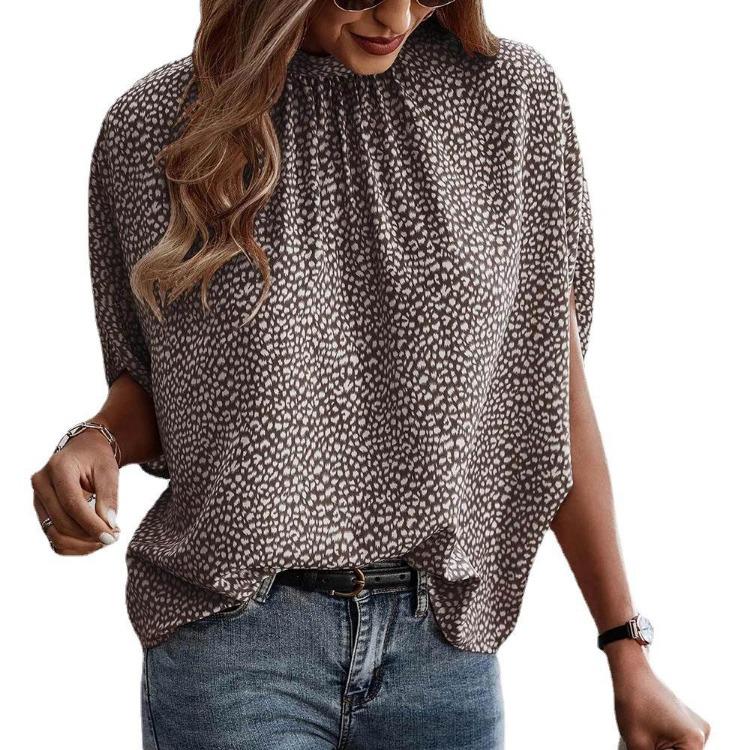 Elegant Leopard Print Chiffon Shirt for Women Bat Sleeve Summer Top Strap Blouse