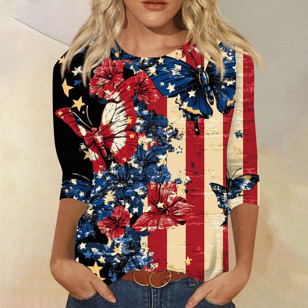 Dammode avslappnad rund hals 3/4 ärm lös tryckt T-shirt dam topp