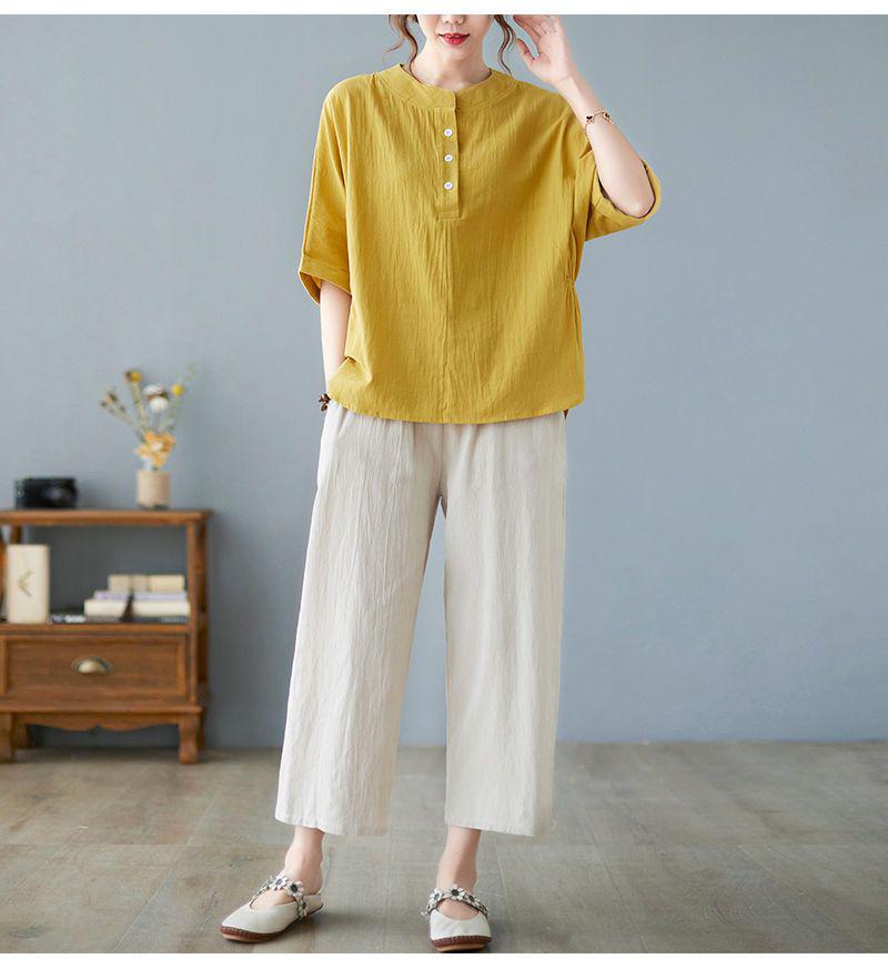 Chic 2025 Summer Linen Top & Shorts Set for Middle-Aged Women - Plus Size, Solid Color, Casual Short Sleeve