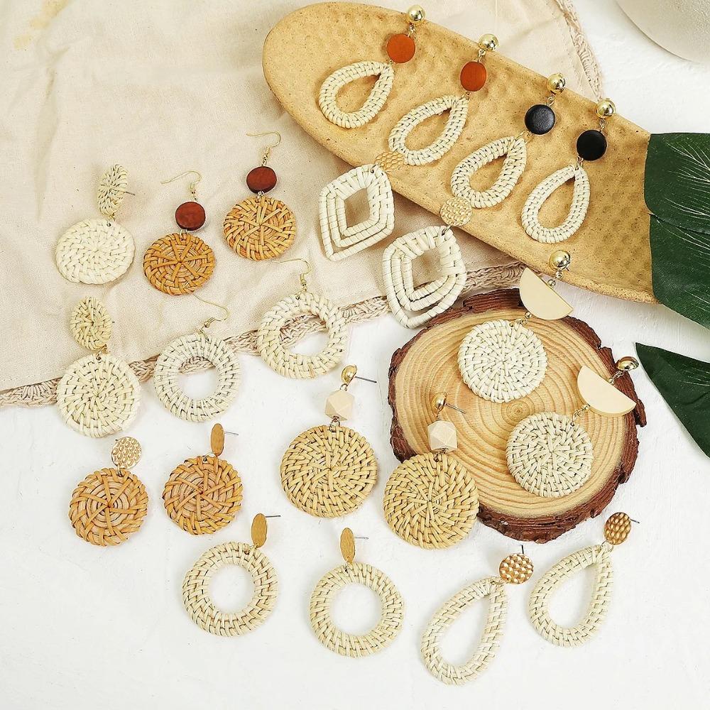 Bohemia Trend Bamboo Rattan Hand-woven Dangle Earrings for Women Creativity Charm Summer Beach Dangle Jewelry Holiday Accessory