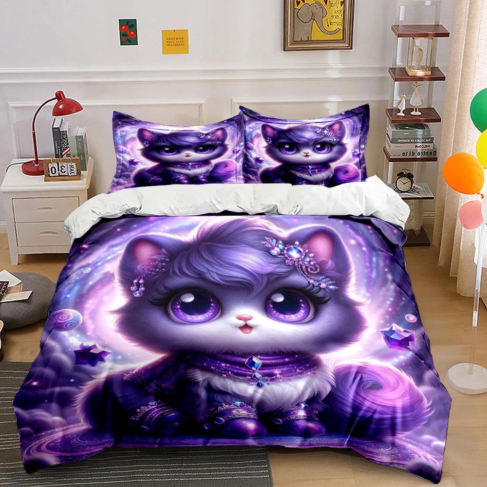 Purple Cosmic Pet With Floating Gems Duvet Cover Set With 3D Printing Design Soft Polyester Bedding Set All-Season Comfort