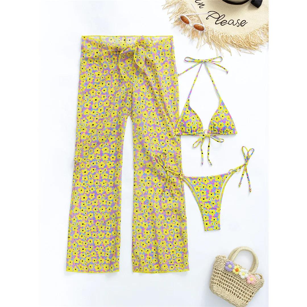 

Новый с брюками Принтованный купальник бикини с эффектом пуш-ап Женский купальник Женская купальная одежда Купальный комплект из трех предметов Купальник Купальный костюм Плавание M