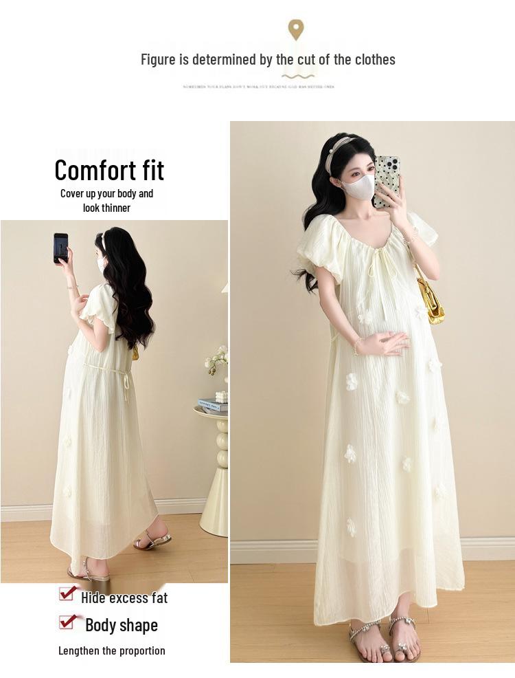 2026 Summer Korean Style Puff Sleeve Knee-Length Maternity Dress