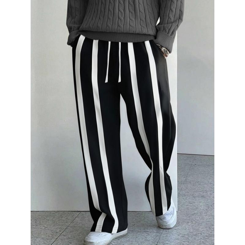 Men's Casual Pants Loose Straight and Versatile Striped Elastic High-waist Trousers