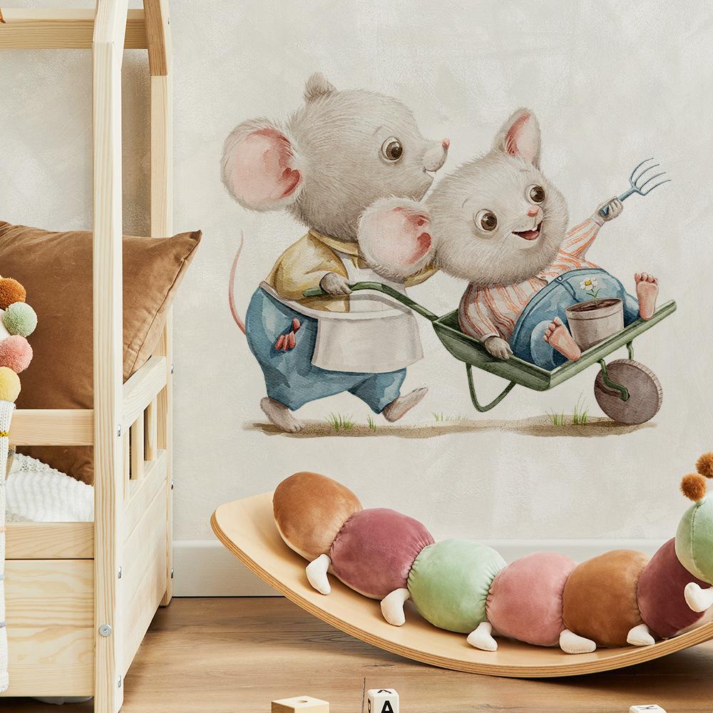 Cute Mouse with Cart Wall Stickers for Kids Room Nursery Wall Decoration Waterproof PVC Wall Art