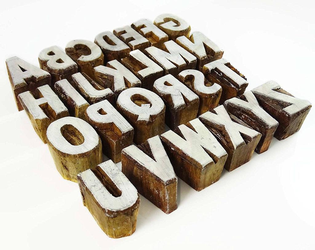Hand Carved Alphabet Text Stamp Printing Block Wooden Textile Stamp Block