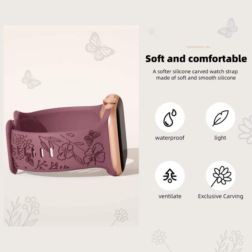 Straps For Apple Watch Band 44mm 42mm 41mm 40mm 45mm 49mm 46mm Floral Engraved Bracelet Correa Iwatch Series 10 9 7 SE 6 8 Ultra